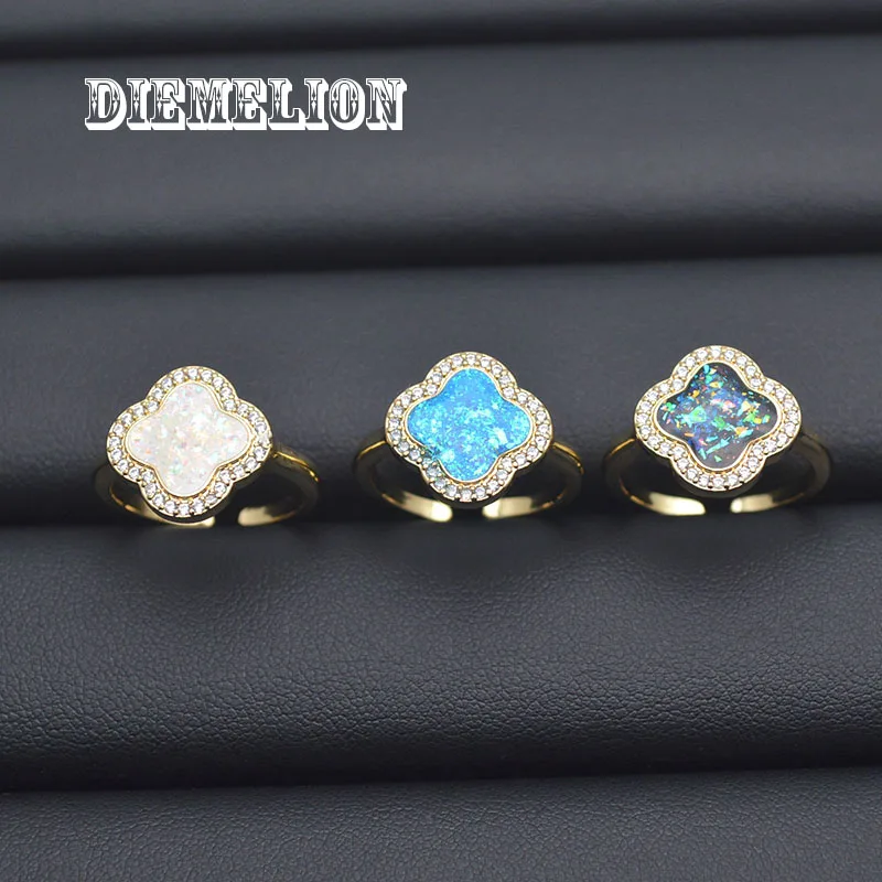 Rainbow White/Blue/Black Fire Opal Rings Gold Color Luck Four Leaf Clover Adjustable Ring for Women Wedding Engagement Jewelry