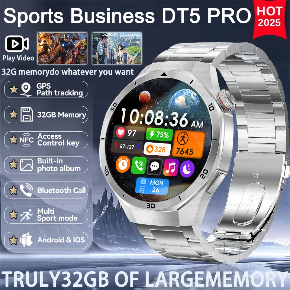 

2025 New For GT5 Super Smart Bracelet for Men 32GB RAM GPS Tracker AMOLED HD Screen Bluetooth Call Heart Rate Smart Watch