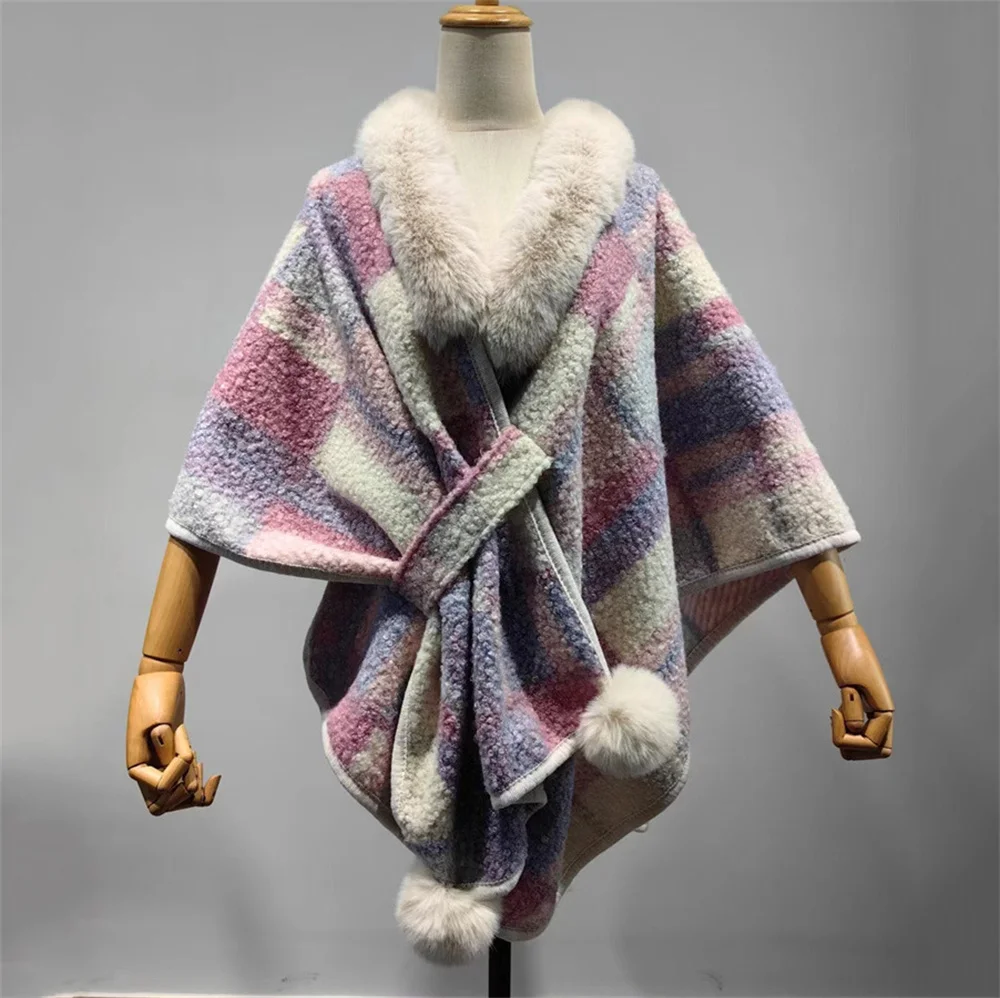 

Winter Women Faux Lamb Rabbit Fur Neck Poncho Cloak Criss-Cross Belt Pompon Cape Printed Streetwear Shawl Oversize Warm Overcoat