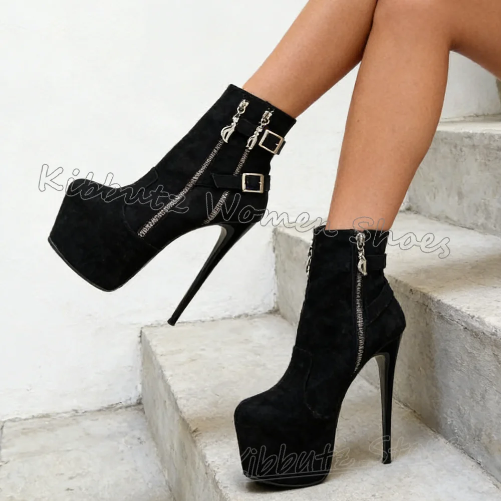 Zipper Ankle Boots Platform Belt Buckle Suede Women Shoes Round Toe Thin High Heels Solid Color Fashion Luxury Elegant Concise