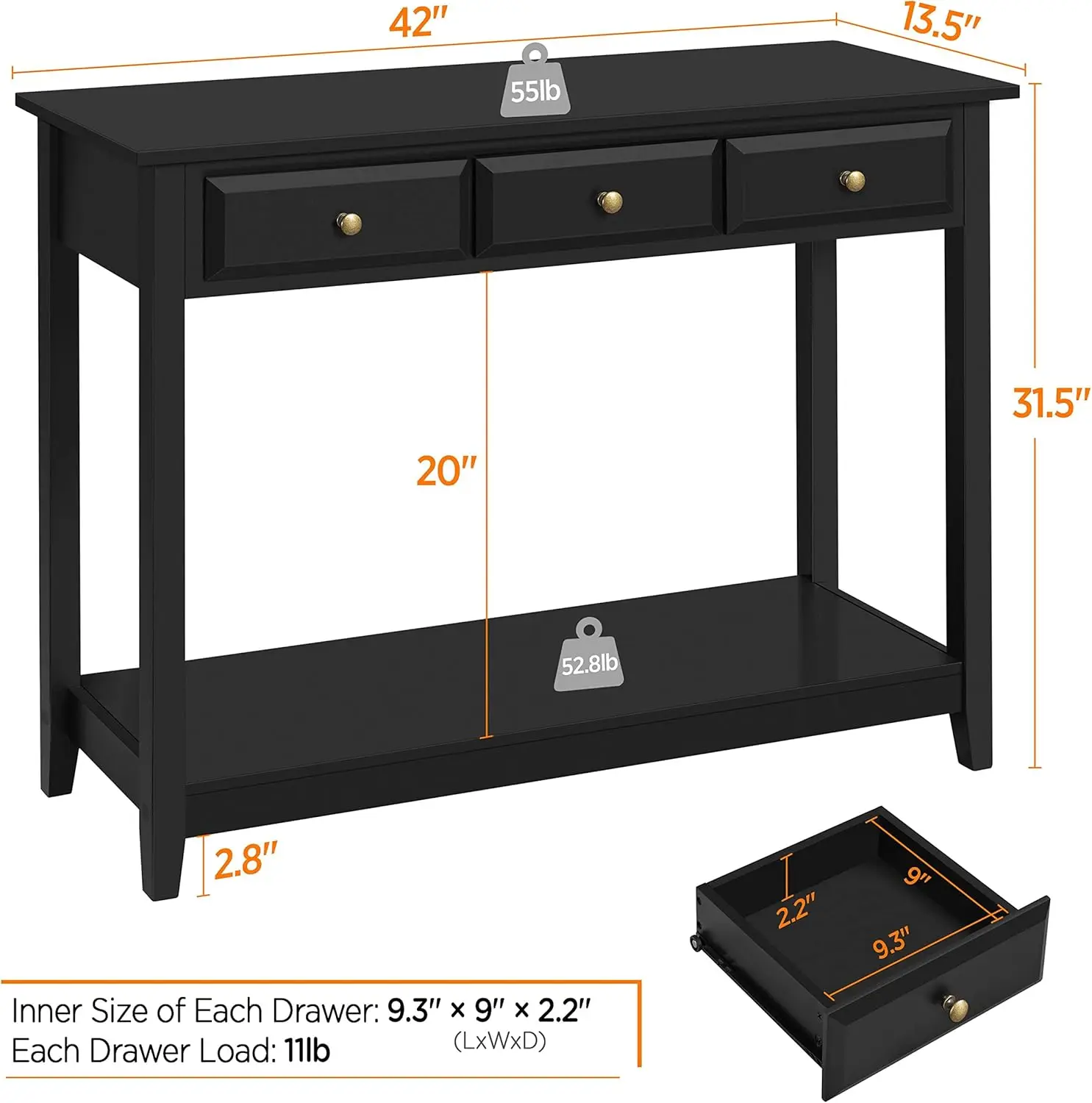 3 Drawers, Wood Entryway Table with Storage Shelf, Sofa Table Narrow Long for Living Room, Entryway, Hallway, Foyer, Black