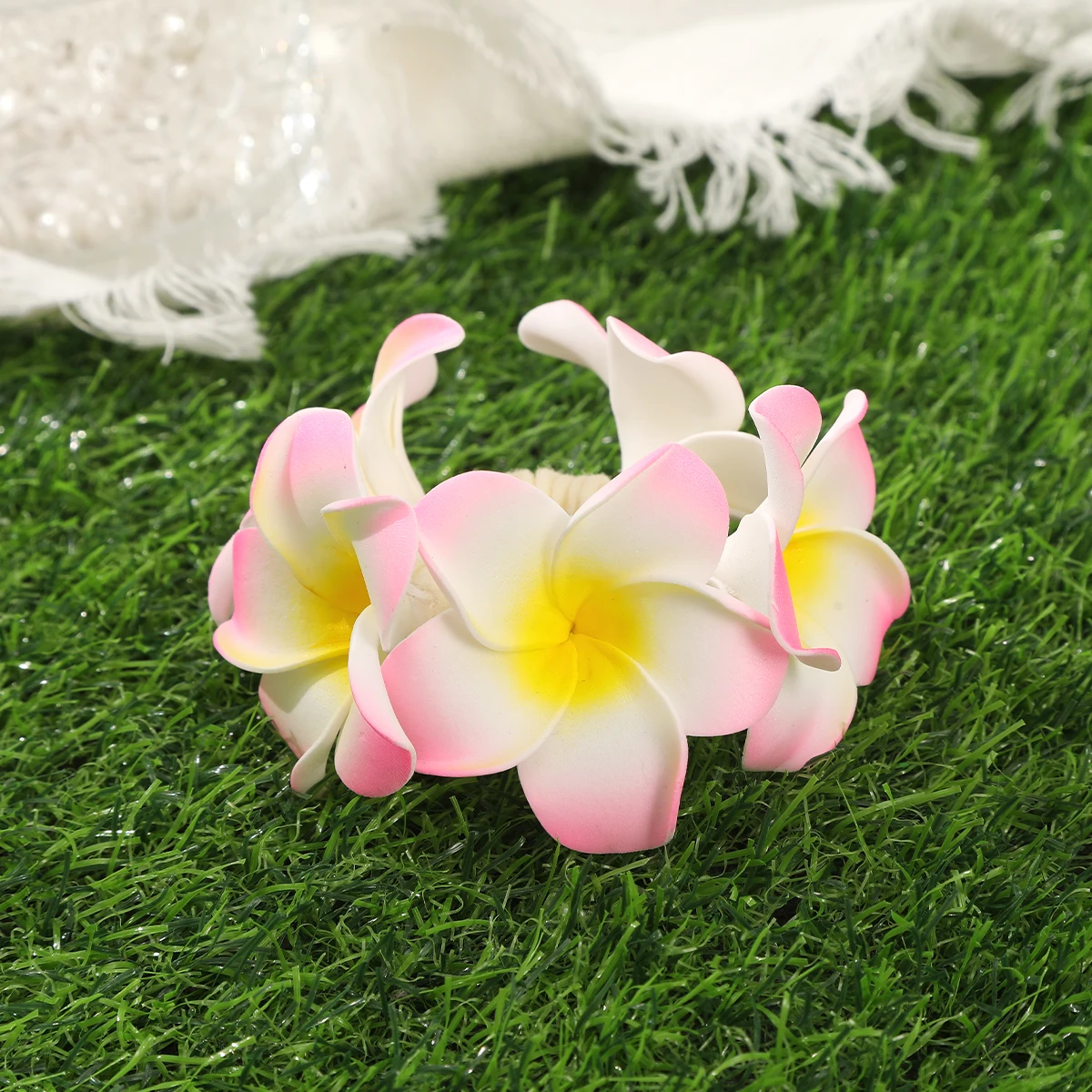AWAYTR Artificial Plumeria Headbands High Elastic Cotton Rope Ponytail For Women Hair Ties Holders Rubber Band Korean Headdress