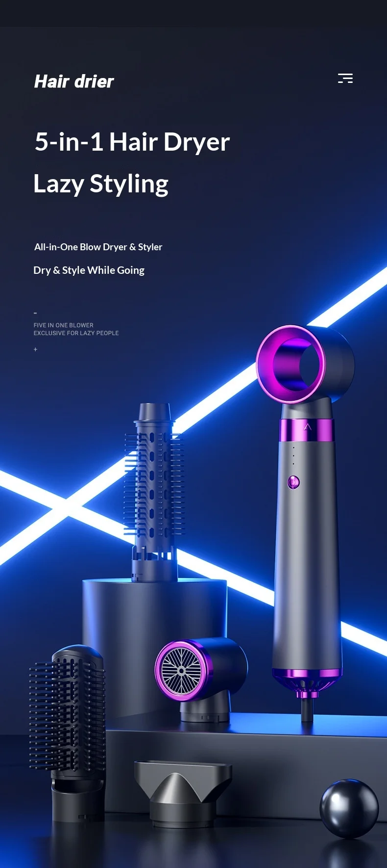 5-in-1 헤어 드라이어 (스트레이트너, 컬러 포함) 가정, 여행, 살롱용, 110V/220V 음이온 빠른 건조 스타일러 강풍 썸네일 3