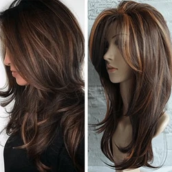 Women's Wig Linen Mix Brown Beige Medium Long Straight Hair High Temperature Synthetic Fiber Wigs