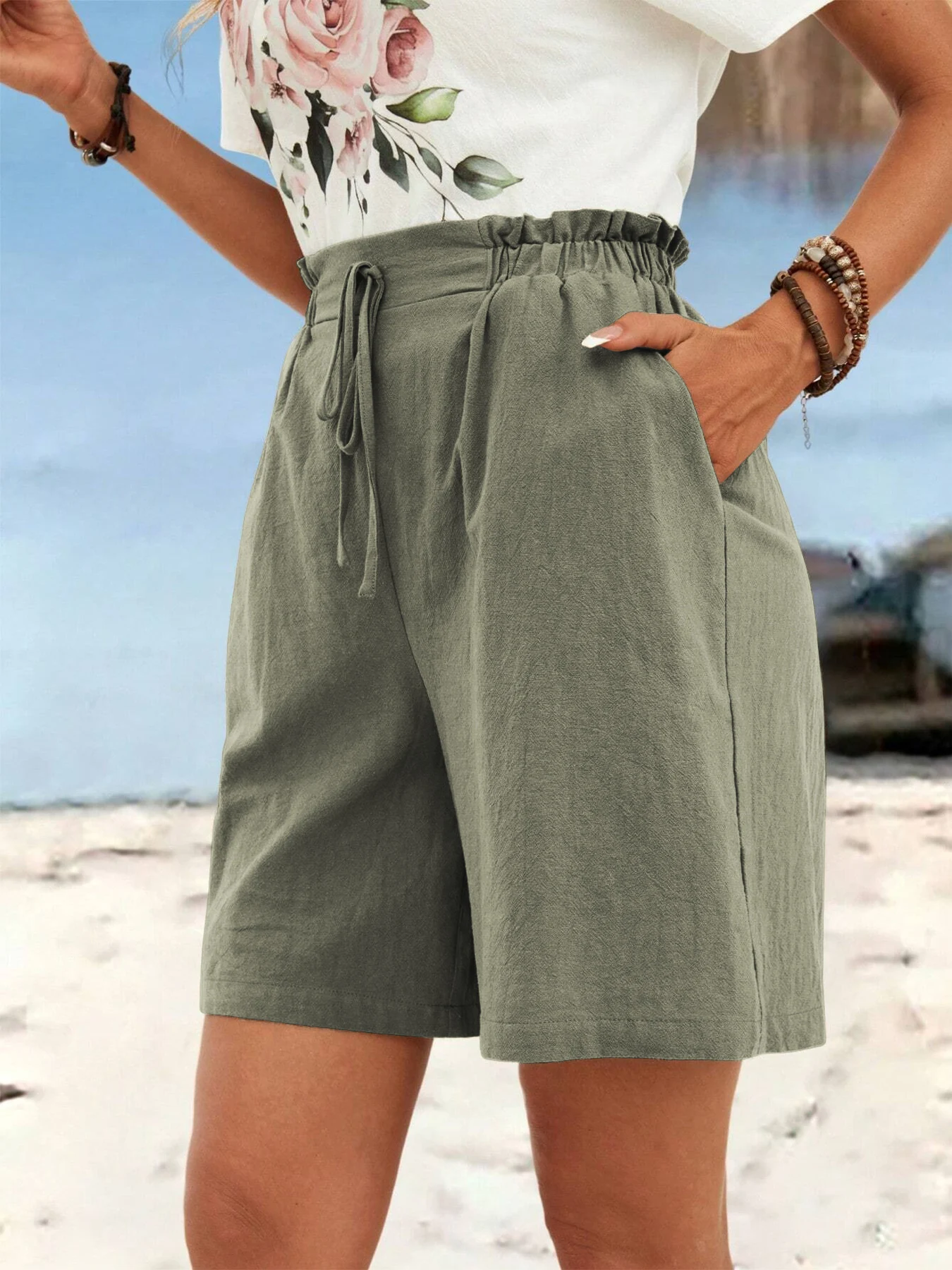 Damen-Shorts aus Leinen für Frühling und Sommer, einfarbig, lässig, sportlich, Dreiviertelhose mit Kordelzug – Detail 3