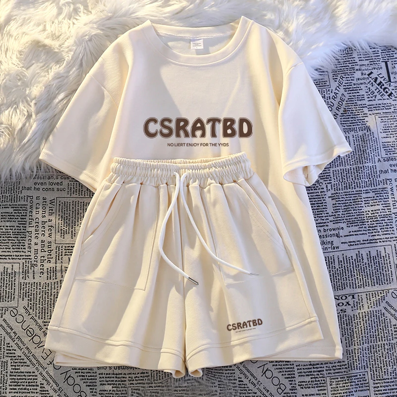 

Casual Sportswear Set Women's Short Sleeve Shorts College Style OOTD Two Piece Set Summer Collection Online Exclusive