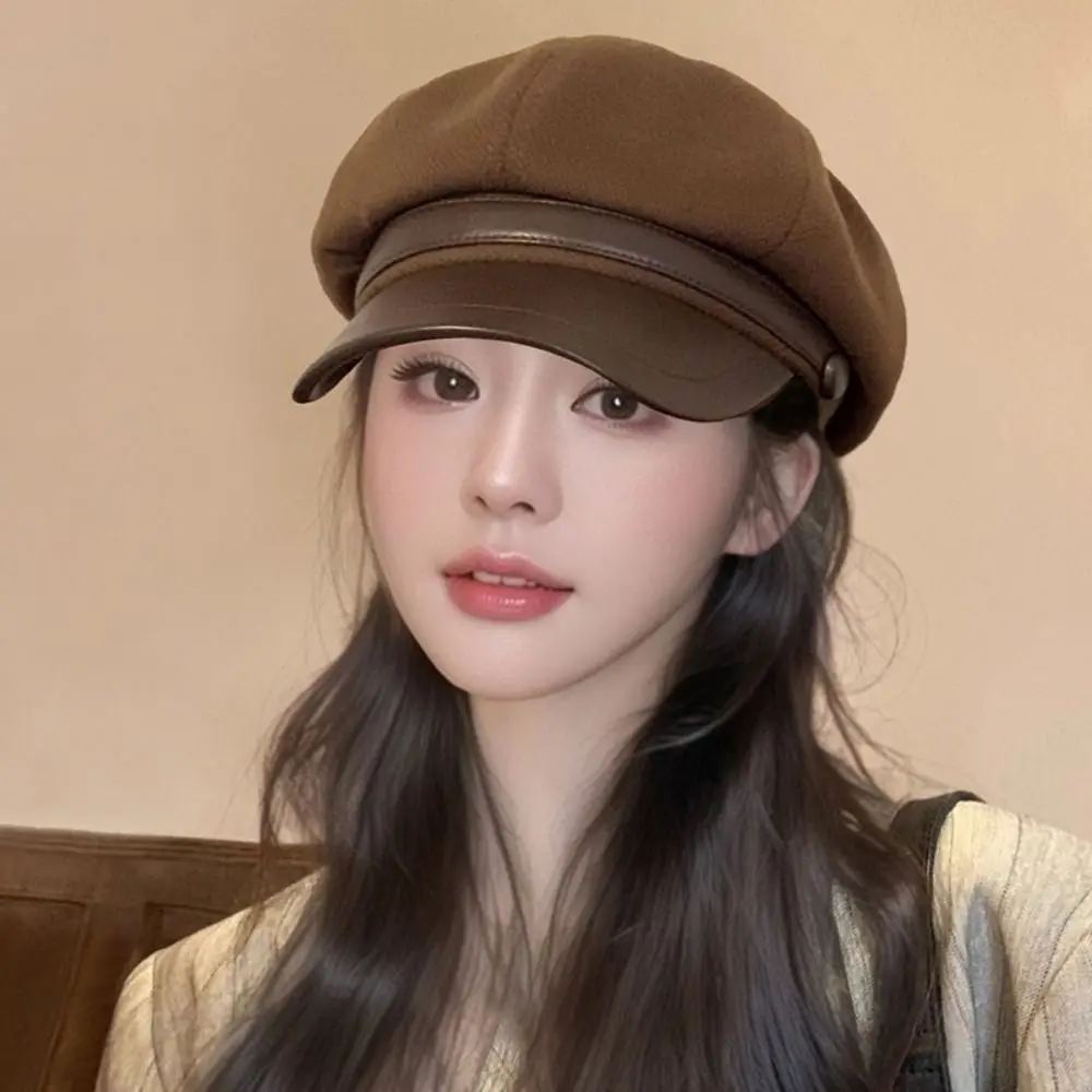 

Fashion British Style Pu Leather Beret Korean Style Retro Wool Octagonal Hat Newsboy Cap Artist Hat Painter Hat Girl