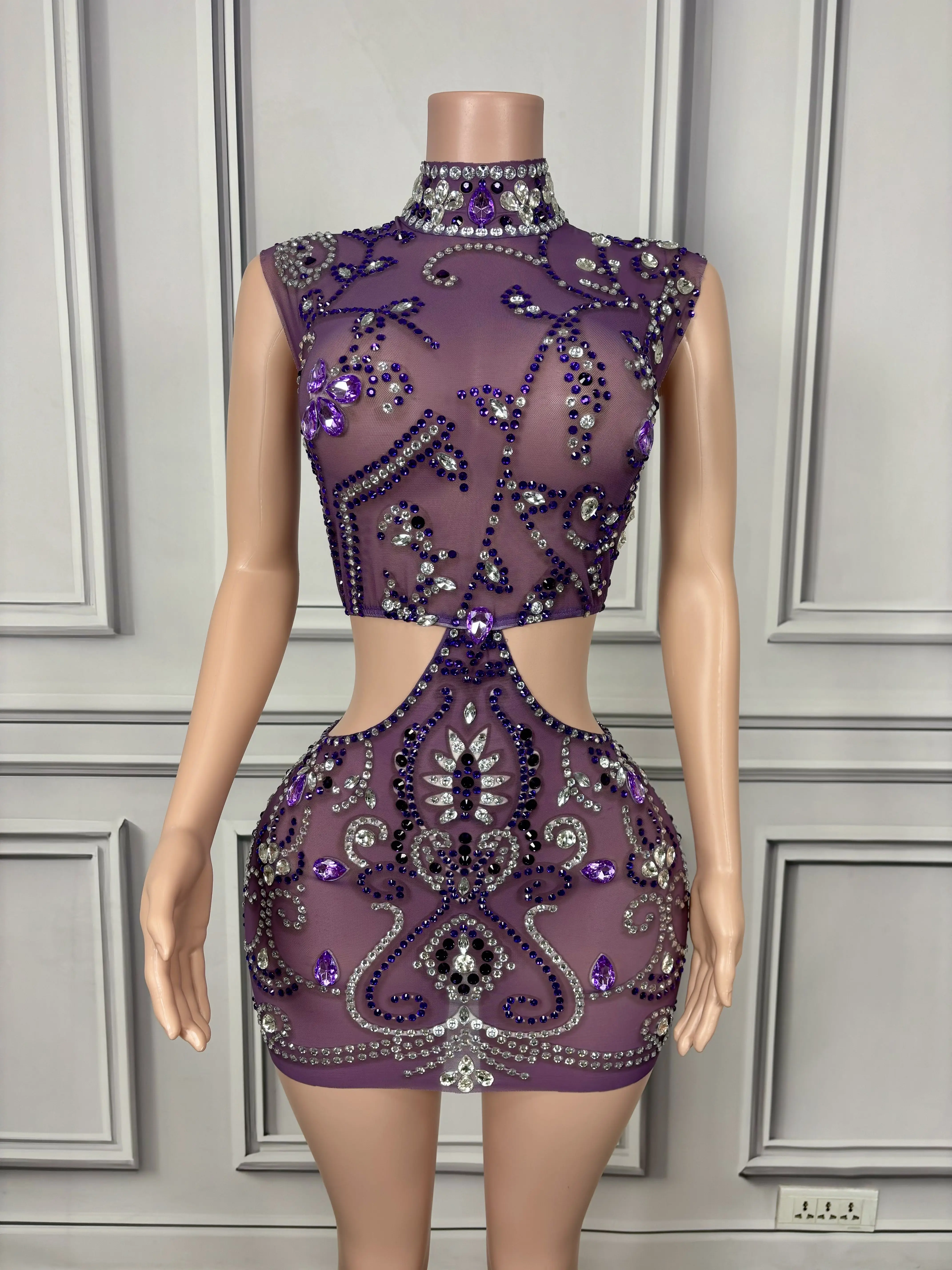 

Purple Stones Sleeveless Hollow Dress Female Birthday Celebrate Singer Stage Outfit Sexy Evening mini dress ziteng