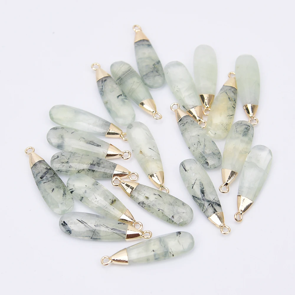 APDGG 5 Pcs Natural Green Prehnite Gold Plated Charms Teardrop Pendant For Necklace Jewelry DIY