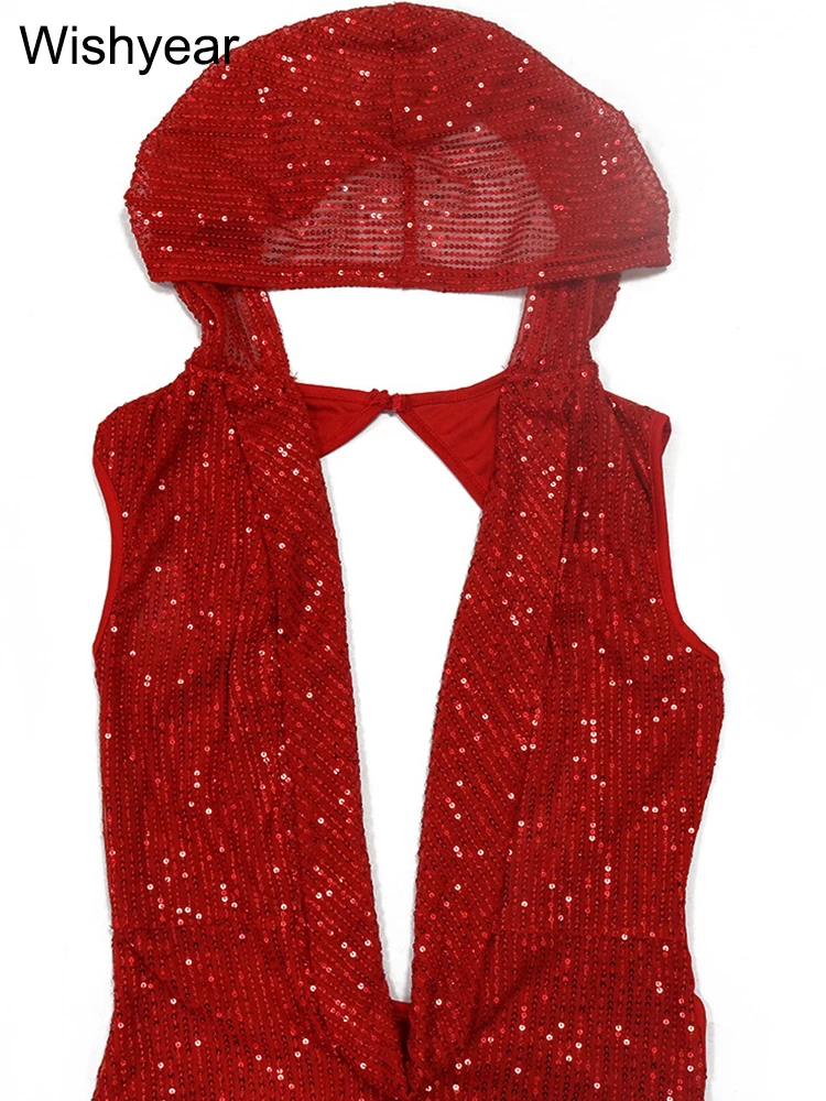 New Luxury Birthday Red Hooded Dress for Women Sexy Deep V Neck Sequins  Glitter Mesh See Through Back Open Sparkly Evening Robe - AliExpress  200000345