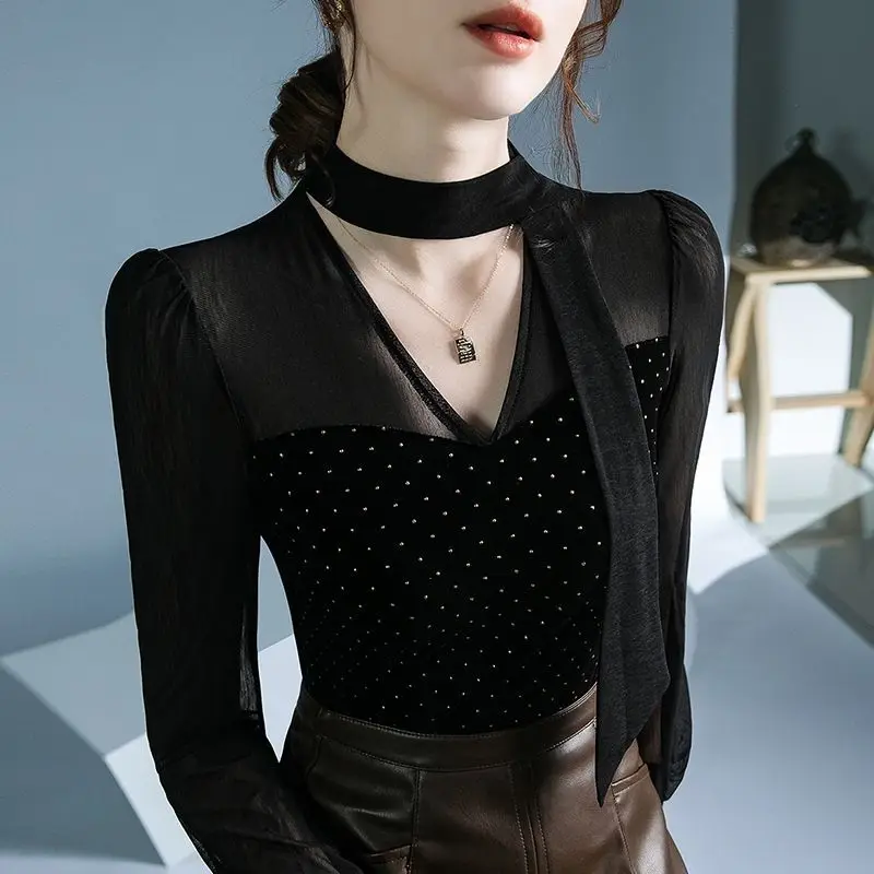 Autumn New Fashion Sexy Patchwork Black V-neck Long Sleeve T-Shirt Ladies Fashionable Polka Dot Perspective Slim Undercoat Tops