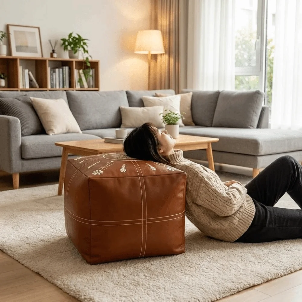 PU Leather Sofa Stool Cover Unstuffed Large Capacity Seat Cushion Cover Waterproof Embroidery Square Storage Pouf