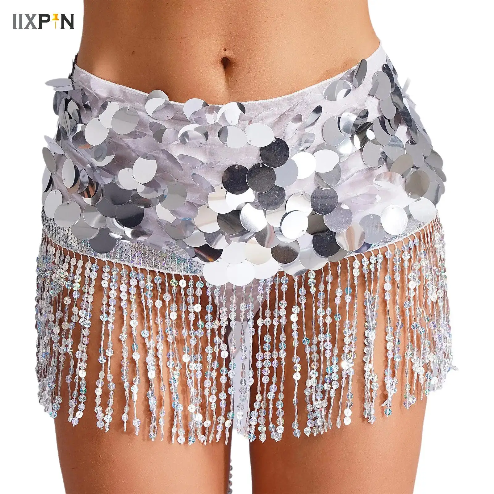 

Women Belly Dance Hip Scarf Wrap Accessories Shiny Sequins India Dance Belt Skirt Gold Color Waist Chain Performance Costume