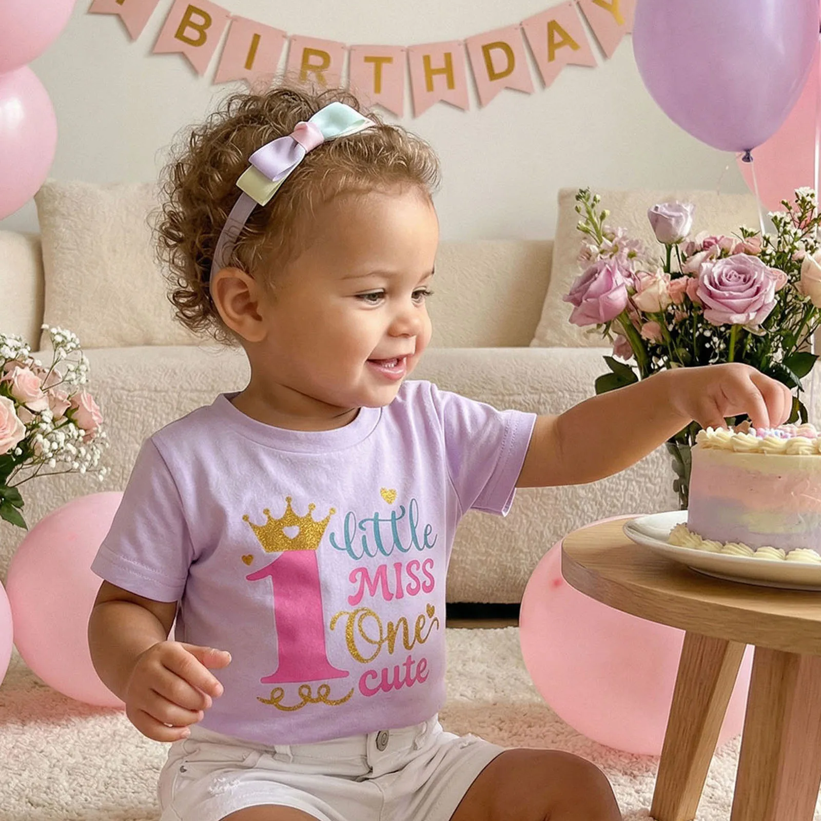 Toddler Baby Girls 1st Birthday T-shirts Summer Short Sleeve Crew Neck Letters Crown Print Casual Tee Tops