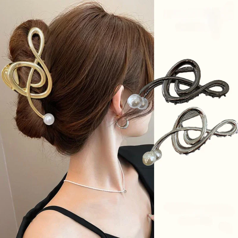 2024 Retro verano nota de Metal pinzas para el cabello con perlas lazo de moda pinza para el cabello Clip de tiburón accesorios para el cabello