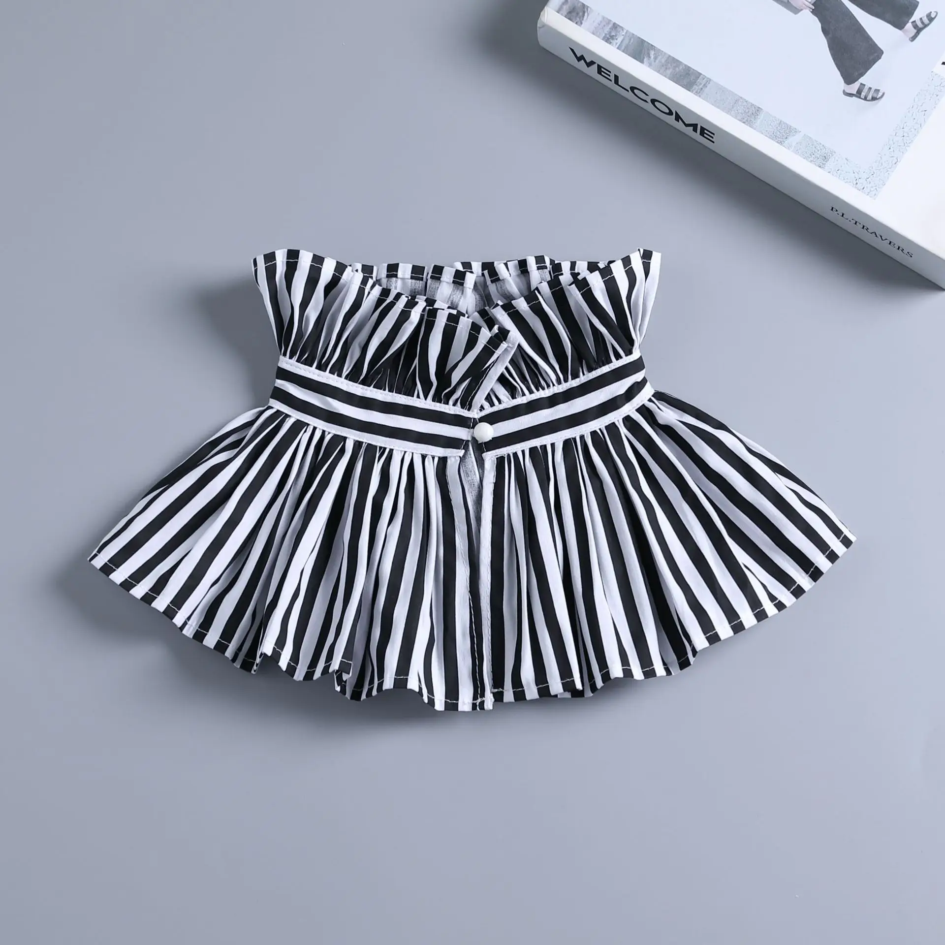 French Style Black White Striped Tie High Neck False Collar Vintage Ruffled Doll Collar Neckwear for Women view 6