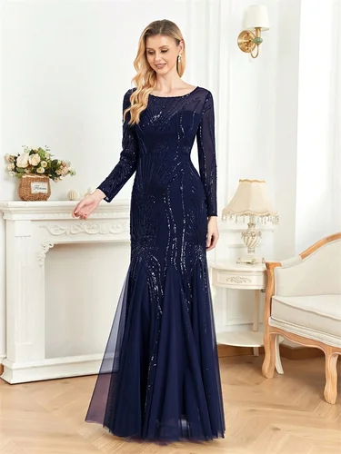 Imagen 2 del producto Vestidos de Noche elegantes de tul con lentejuelas y mangas largas, vestido de fiesta de dama de honor Formal de sirena de lujo para mujer 2025