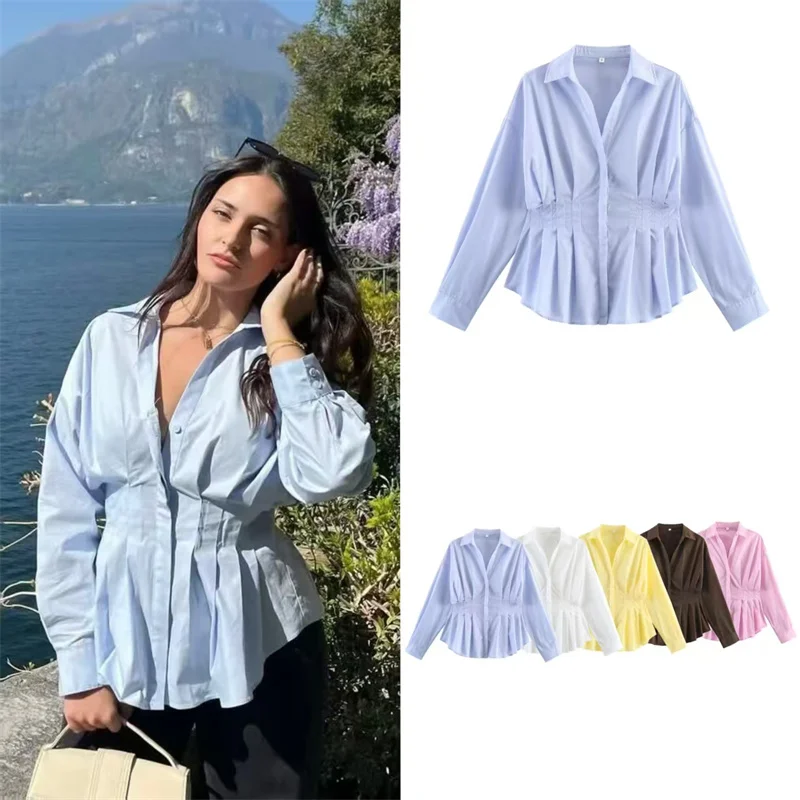Women's Shirt 2026 Summer New Style Solid Color Long Sleeve Pleated Decoration Waist-Tied Loose Shirt Casual Vacation Unique