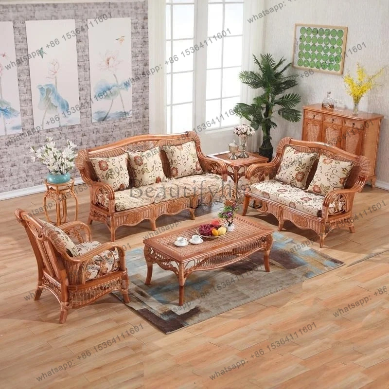 sofa three-person old-fashioned rattan wood living room combination office rattan art antique sofa
