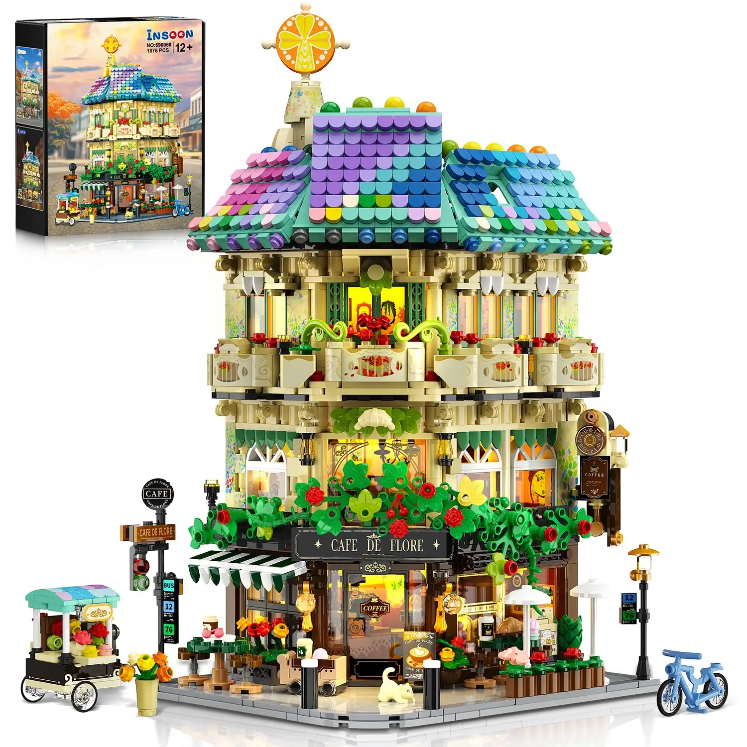 INSOON Blumen-Café-Haus Baustein-Set, Stadtstraßen-Laden Konstruktions-Kunst-Architektur-Modell, Heimdekoration, Geschenk für Erwachsene und Jugendliche