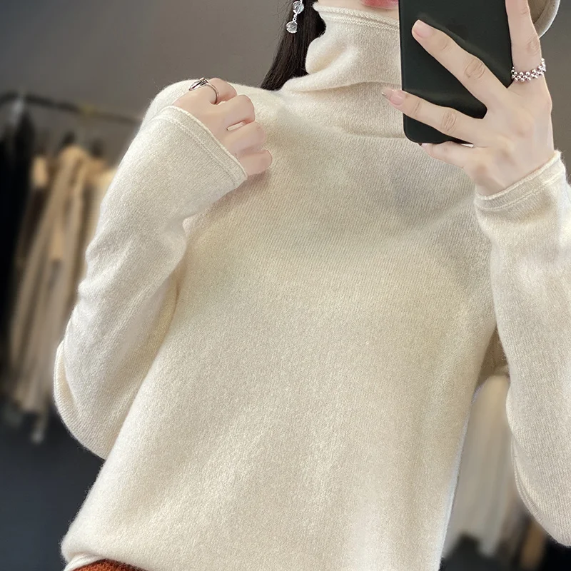 Autumn Winter Women 100% Merino Wool Sweater Curled Pile Collar Warm Pullover Long Sleeve Cashmere Knitwear New Bottoming Tops