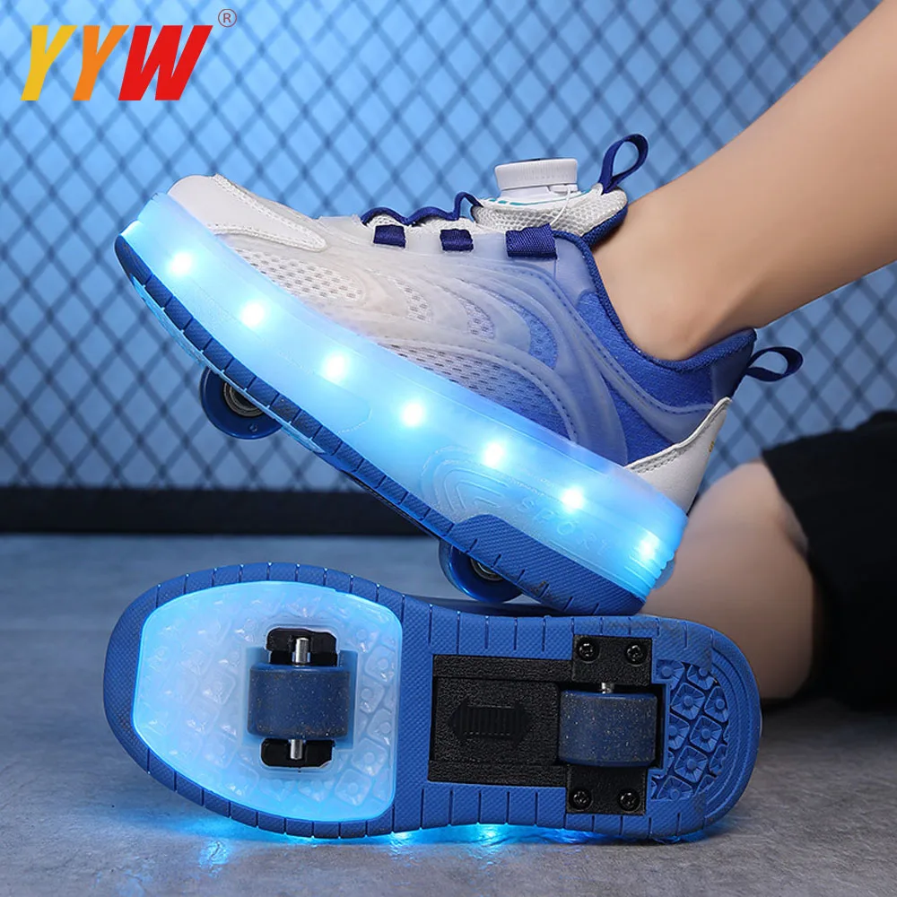 Boys Girls Kids USB Rechargeable Luminous Casual Sneakers LED Light Wheel Outdoor Parkour Roller Skates PU Sport Wheels Shoes