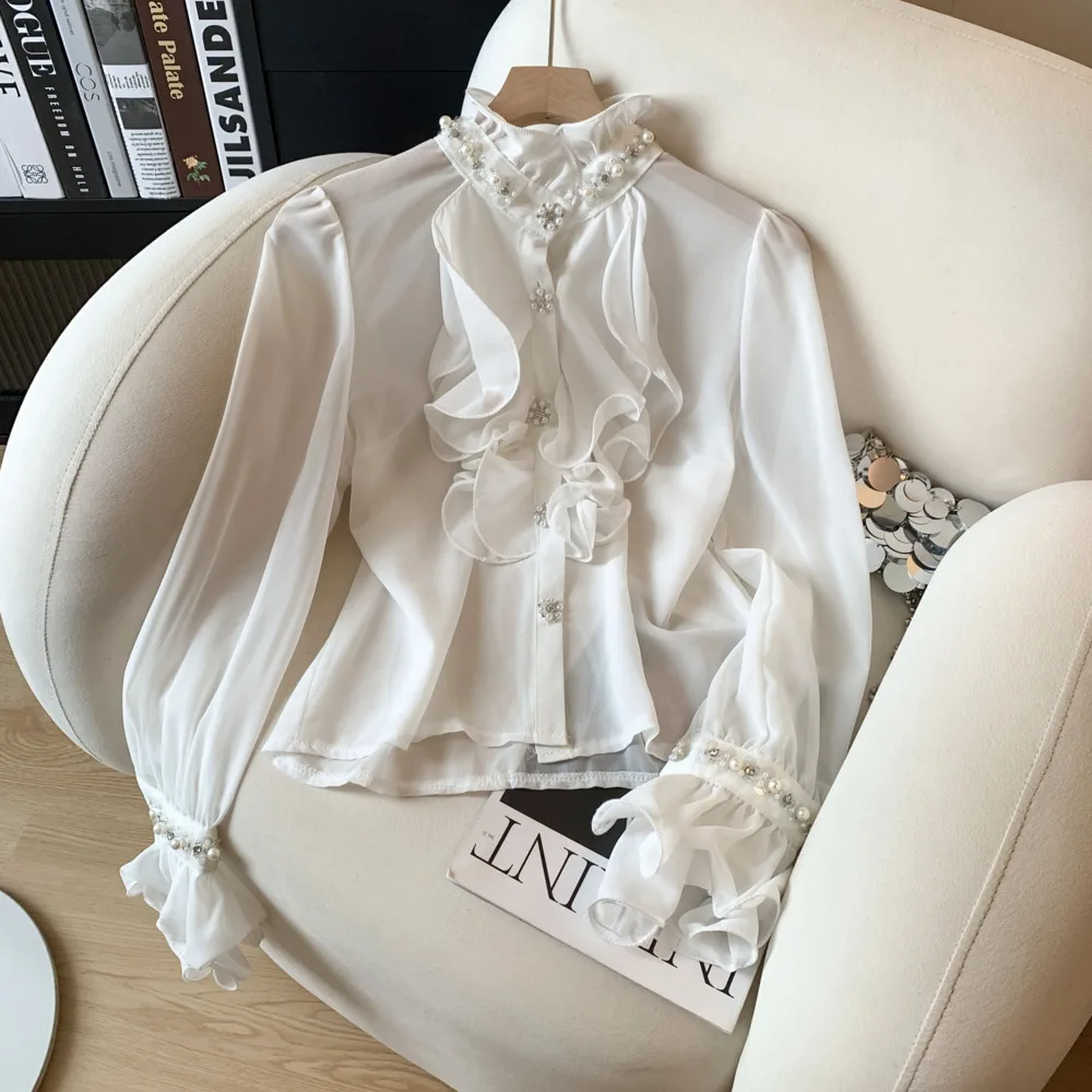 

Diamond-Studded Ruffled Long-Sleeve Shirt Elegant Chiffon Blouse Stunning Design Trendy Top For Ladies Korean 2025 Fashion Tops