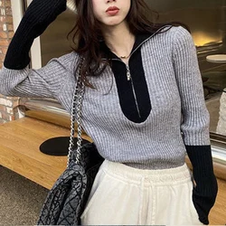 Spring Autumn New Turn-down Collar Long Sleeve Fashion Sweater Women High Street Contrast Color Zipper Patchwork Chic Pullovers