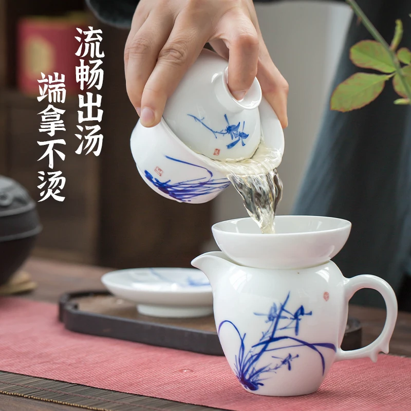 Jingdezhen-juego completo de vajilla de té de cerámica pintada a mano, vajilla china de alta calidad, cubierta de Kung Fu de porcelana blanca y azul