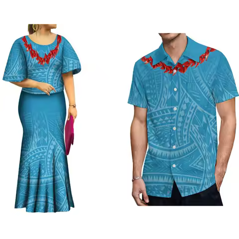New Women's Dress Flare Sleeve Fishtail Dress Customized Polynesian Samoa Necklace Ula Nifo Dress Tribal Pattern Evening Dress