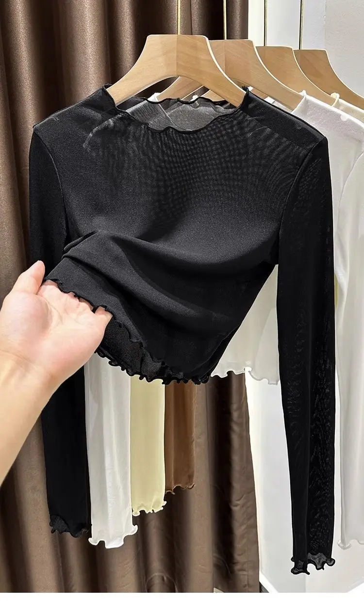 Damen-Oberteil aus kurzem, seidigem Mesh-Stoff, dünne, transparente Sommerbluse mit Rüschen und Spitze, lässiges Innenkleidungsstück, geeignet als Unterhemd oder zum Tragen unter einem Kleid, bietet Sonnenschutz, weiches Oberteil. – Detail 8