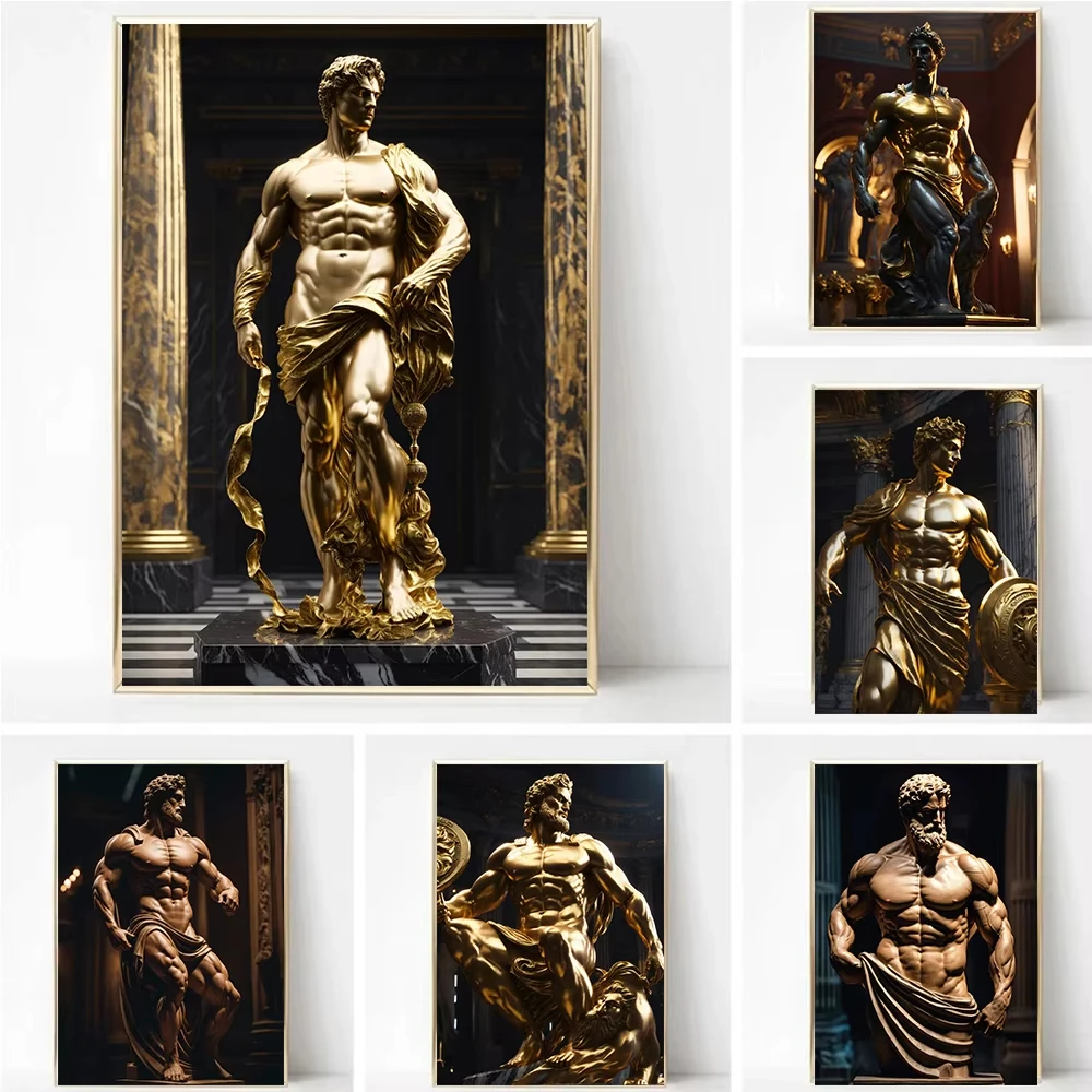 Stone Gold Statue Muscular Greek God Statue Prints Poster Canvas Painting Modern Wall Art Picture Living Room Bedroom Home Decor