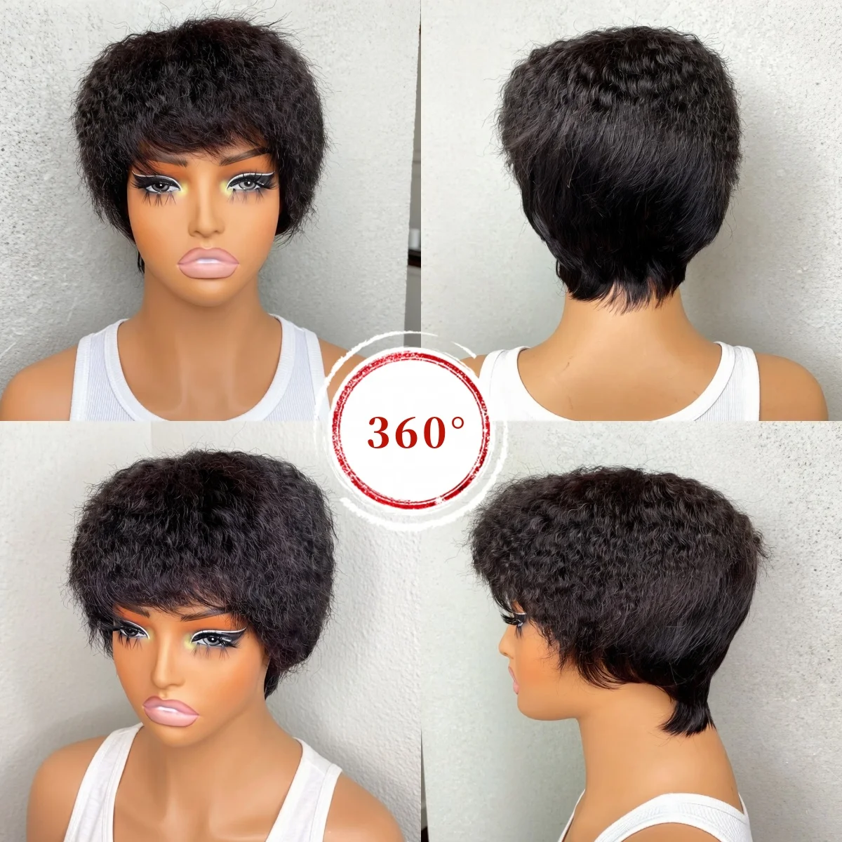 Short Pixie Cut Human Hair Wig, Straight Jerry Curly Style