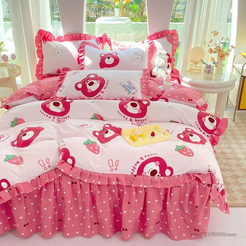 Imagem -04 - Disney Princess Estilo Cartoon Bedding Grupo Saia de Cama Colcha Fronha Quatro Estações Folha Bonito Pcs