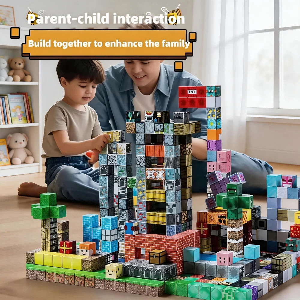 Bloques de Construcción Magnéticos Montessori STEM, Juguetes Sensoriales para Niños de 3+ Años, Mundo de Minas, Cubo Magnético DIY, Regalo para Niños y Niñas