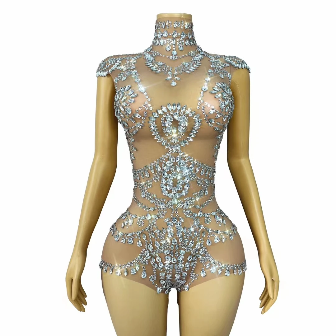 

Sparkly Rhinestone Crystals See Through Mesh Sleeveless Bodysuit for Women Bar Sexy Showgirl Show Leotard Nightclub Stage Outfit