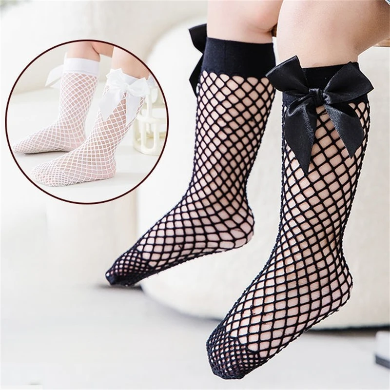 Lace Hollow Out Bow Socks Sweet Adorable Lovely Mesh Fishnet Girls Mid-Calf Long Socks Summer Kids Girls Hosiery Stockings