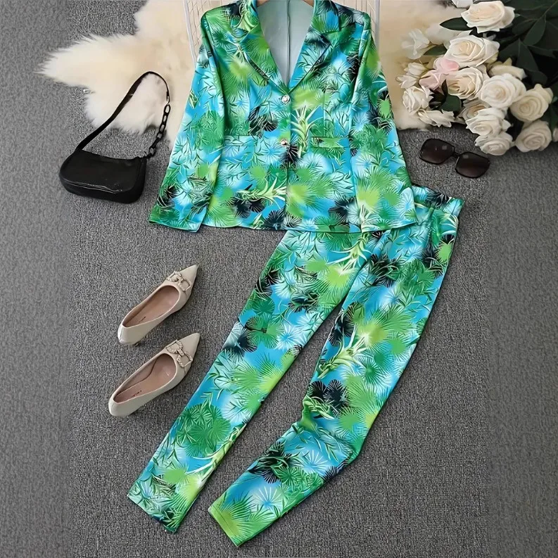 Fashion Suit Set Women's Print Patchwork Commute 2 Piece Suit Autumn Winter Long Sleeve Cardigan Matching Sets Ladies Outfit