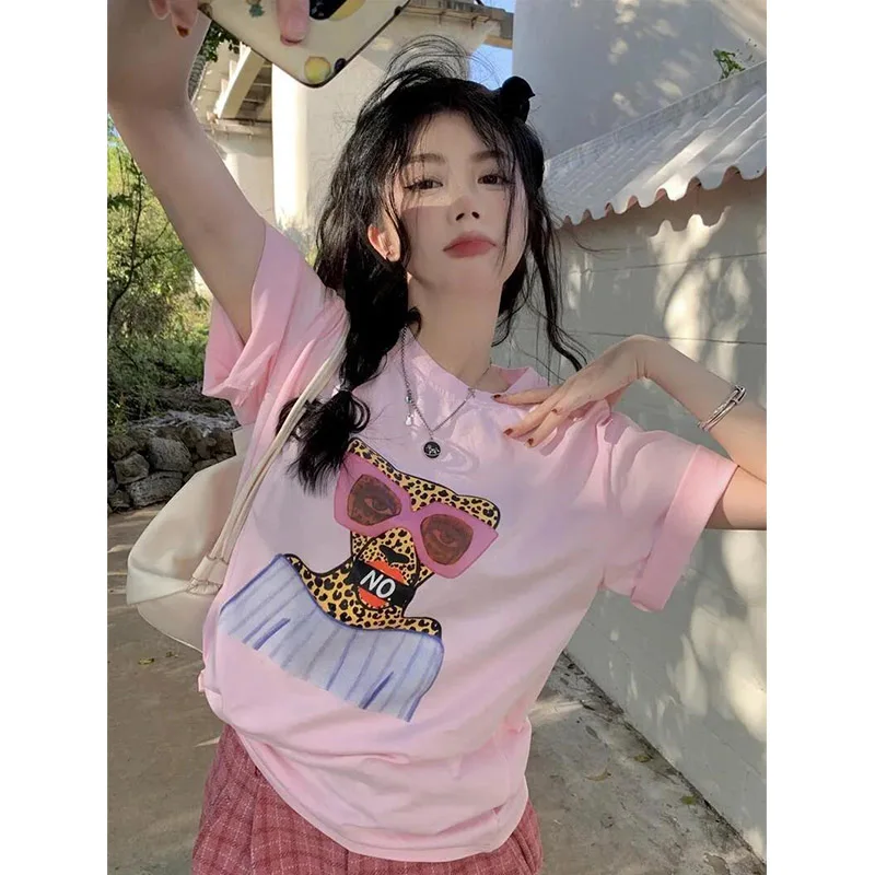 pink-short-sleeve-t-shirt-women's-loose-versatile-summer-new-style-age-defying-design-interest-printing-top-fashionable-casua