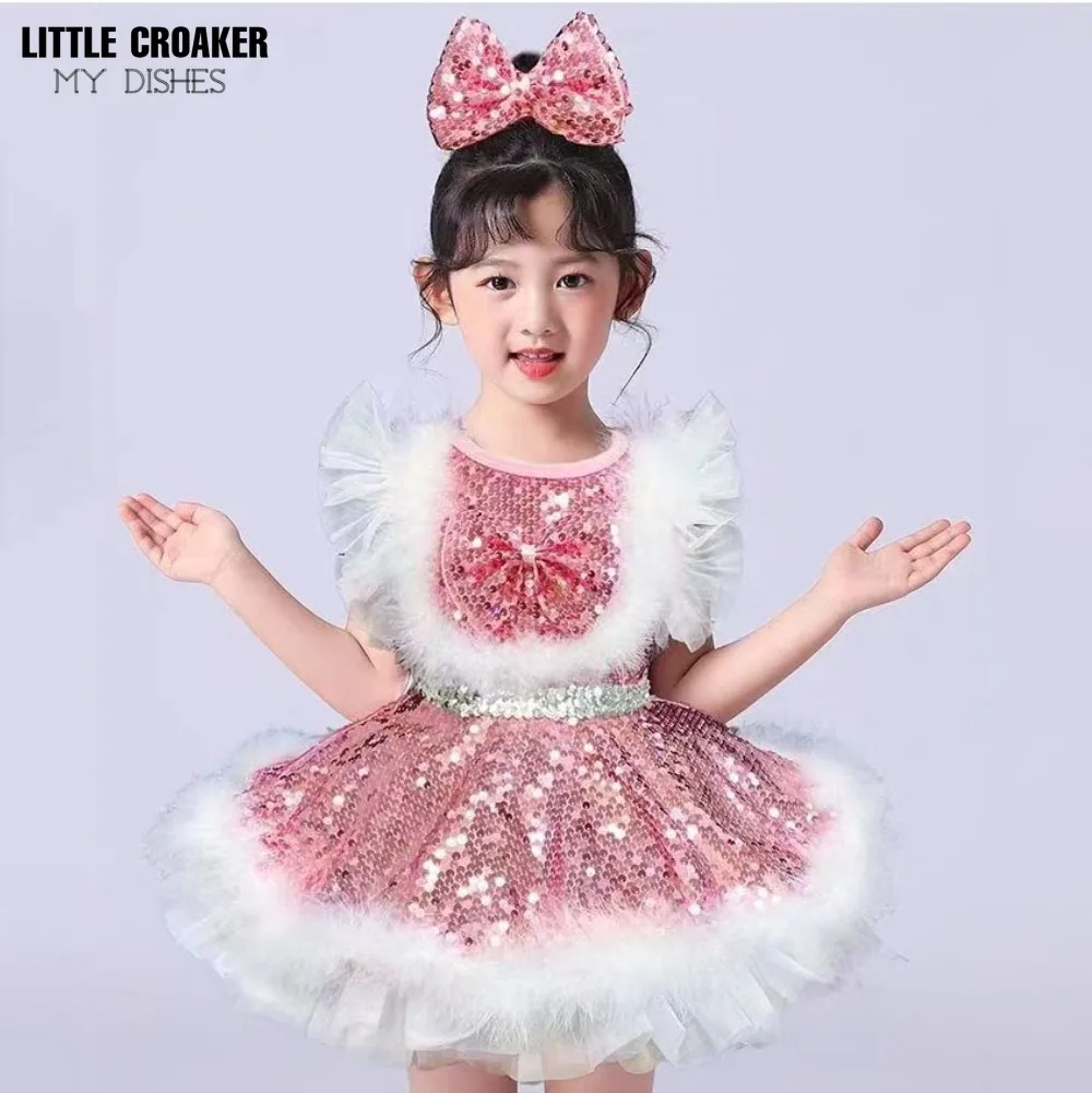 New Children Ball Gown Sequin Kids Bridesmaid Dresses for Girls Wedding Elegant Blue Pink White and Gold Party Dresses for Girl