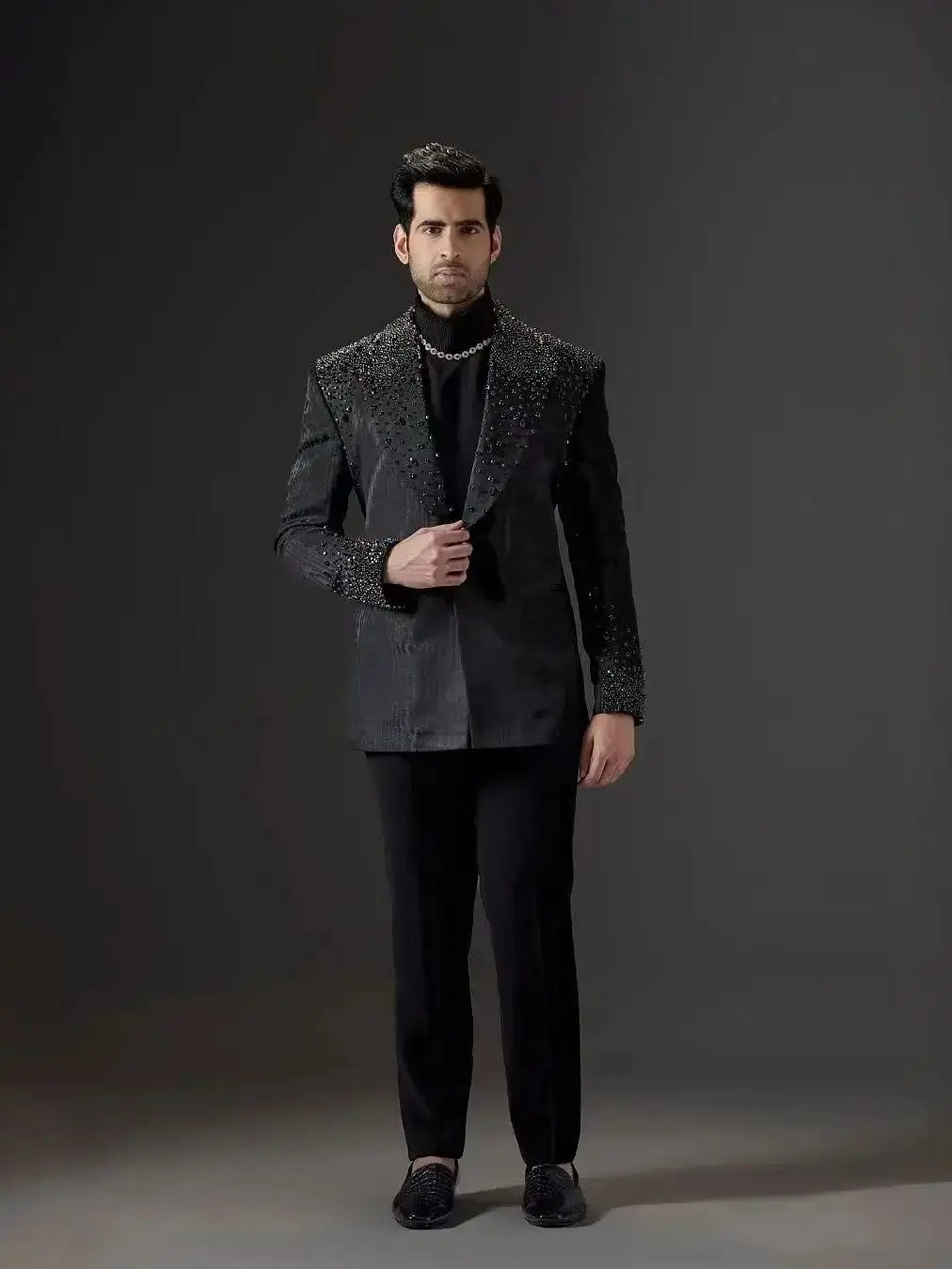 

Black Men Suit Set 2 Pcs Blazer+Pants Trousers Luxury Crystals Groom Wedding Tuxedo Formal Office Jacket Coat Customized