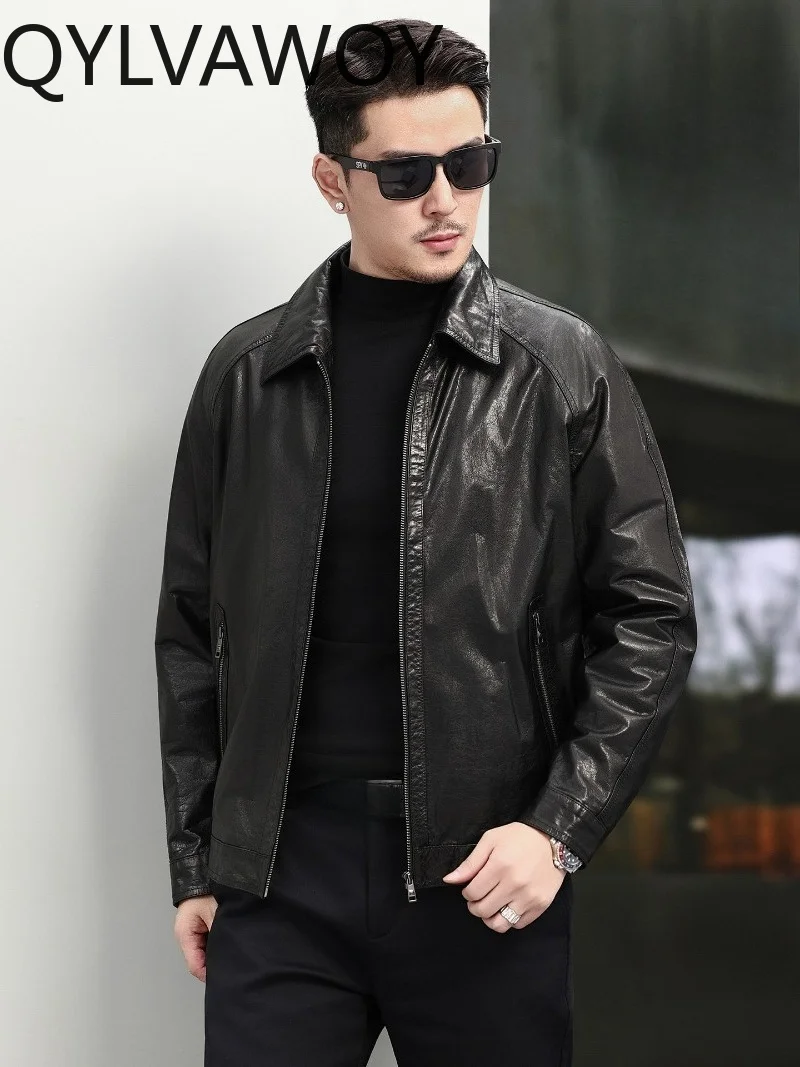 QYLVAWOY Autumn Winter 2026 Genuine Leather Jacket Men Short Lapel Top Layer Cowhide Real Leather Casual Coats Jackets Chaquetas