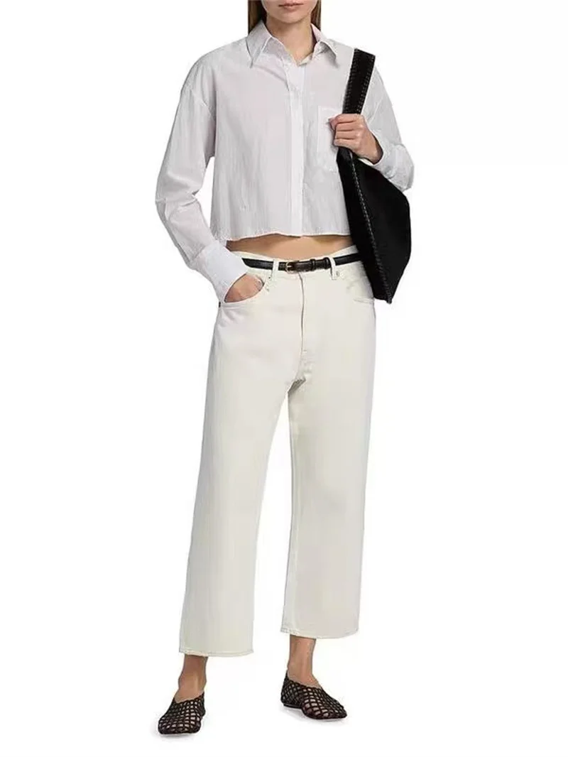 White Women Zipper Fashion Denim Pants Fashion Casual Loose Pockets Early Autumn 2026 Straight Cropped Jeans