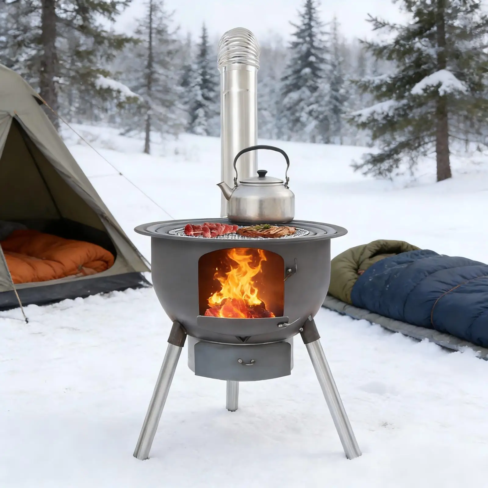 

Дровая печь для барбекю, многофункциональная дровяная печь с стойкой для гриля, дровяная печь для кемпинга, подогрева, барбекю, жарки и т. д.