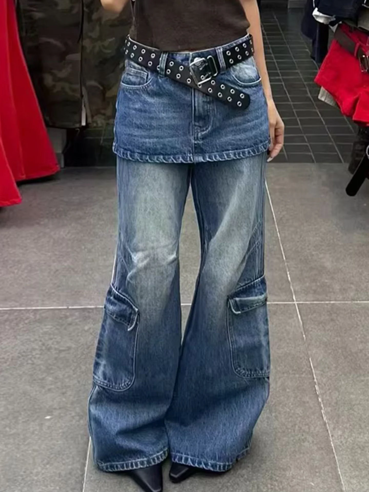 

American Retro Design Sensation Small Audience Fake Two-Piece Fart Curtain Jeans Women Hot Girl Fashion Slim Micro Flared Lon...