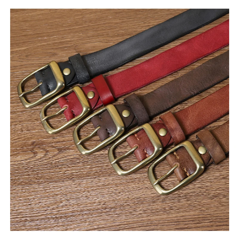 

Western cowboy Korea style Pure Copper Pin Buckle Genuine Leather Men Belt Jeans Luxury Designer Cowskin Leather Strap