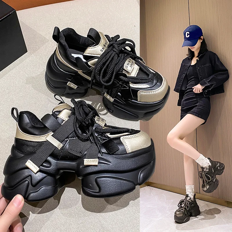 

Women's Platform Shoes Black Gold 8Cm Height Increasing Casual Chunky Sneakers 2026new Non-slip Thick Sole Sport Shoes for Women