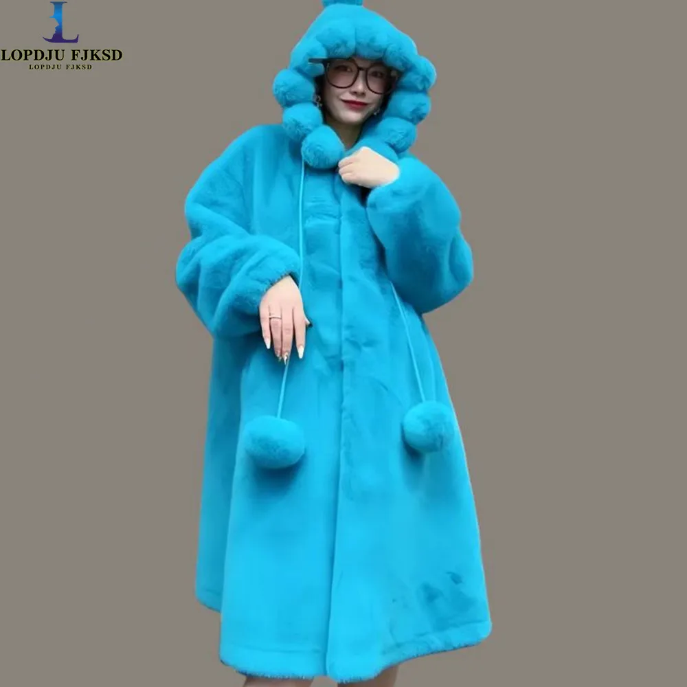 

Faux Fur Coats for Women,Covered Button Jackets,Hooded Overcoat,Female Clothes,Sweet,Thicken Warm,New ,Winter,2024