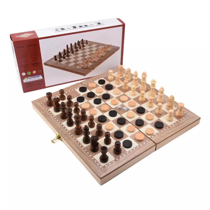 

3 in 1 Wooden Chess Backgammon Checkers Travel Games Chess Set Board Draughts Entertainment Christmas Gift Folding