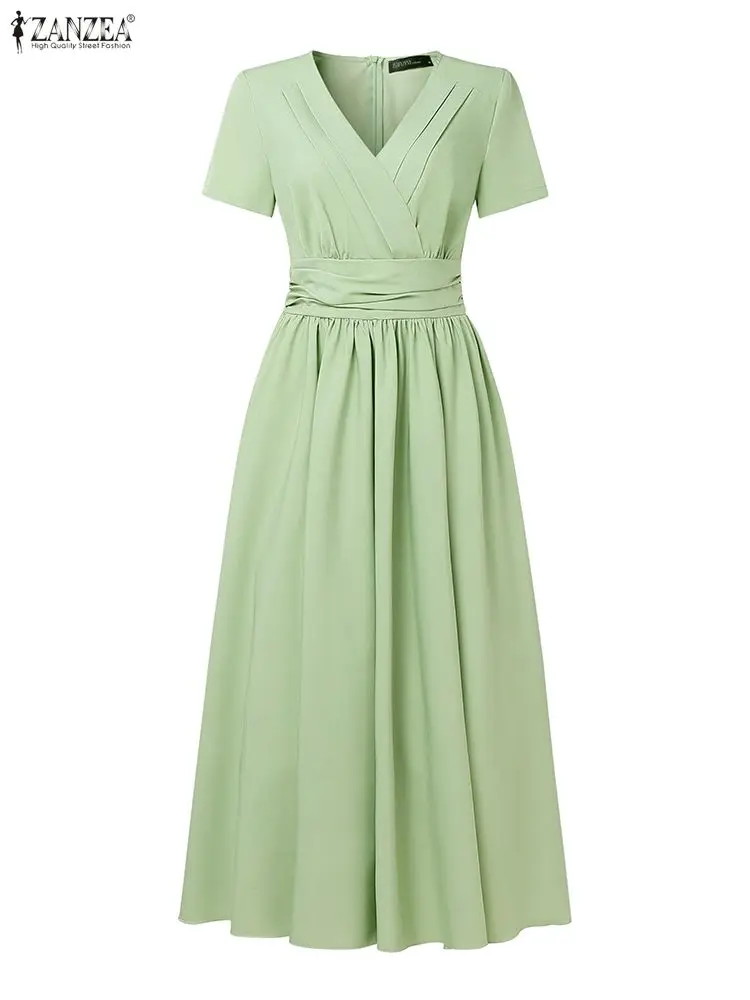 ZANZEA 2025 Women's Elegant A-Line Party Dresses Fashion Wedding Guest V-Neck Short Sleeve High Waisted Tucked Maxi Dress